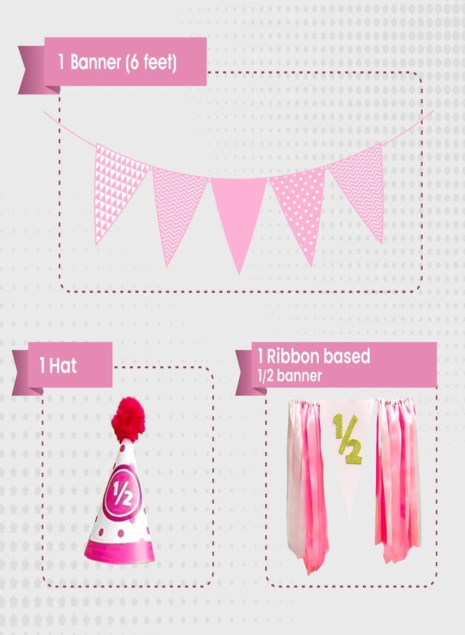 Untumble Half Birthday Decoration for Baby Girl - Pink Bunting Banner, 1/2 Birthday Cap, Triangle Bunting - Pack of 3 - Image 2